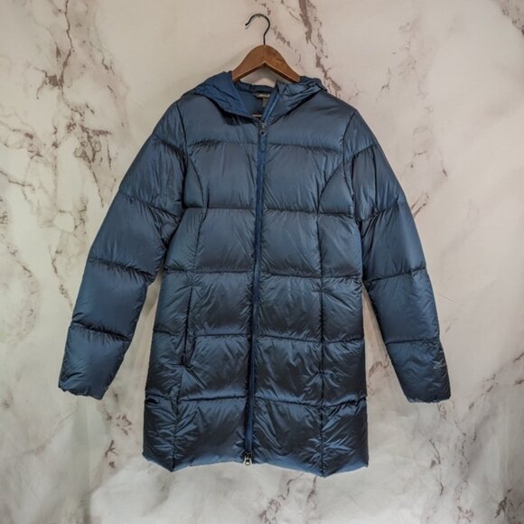 Eddie Bauer Down Puffer Jacket Women Medium Blue Parka Coat Hood Long 650 FP - Picture 1 of 13